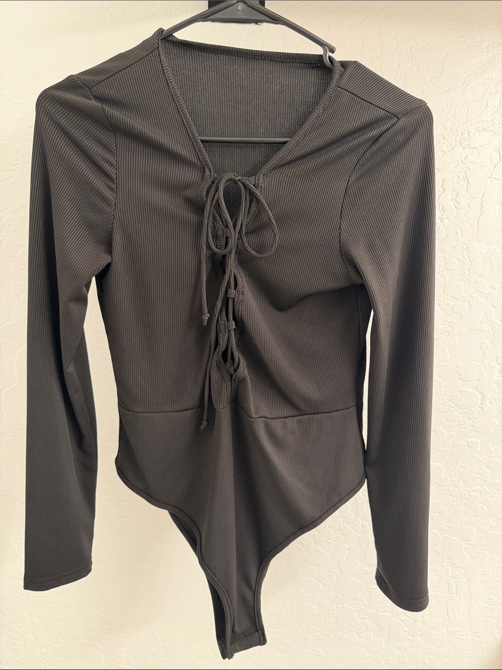 SHEIN Black Long-Sleeve Lace-Up Ribbed Bodysuit